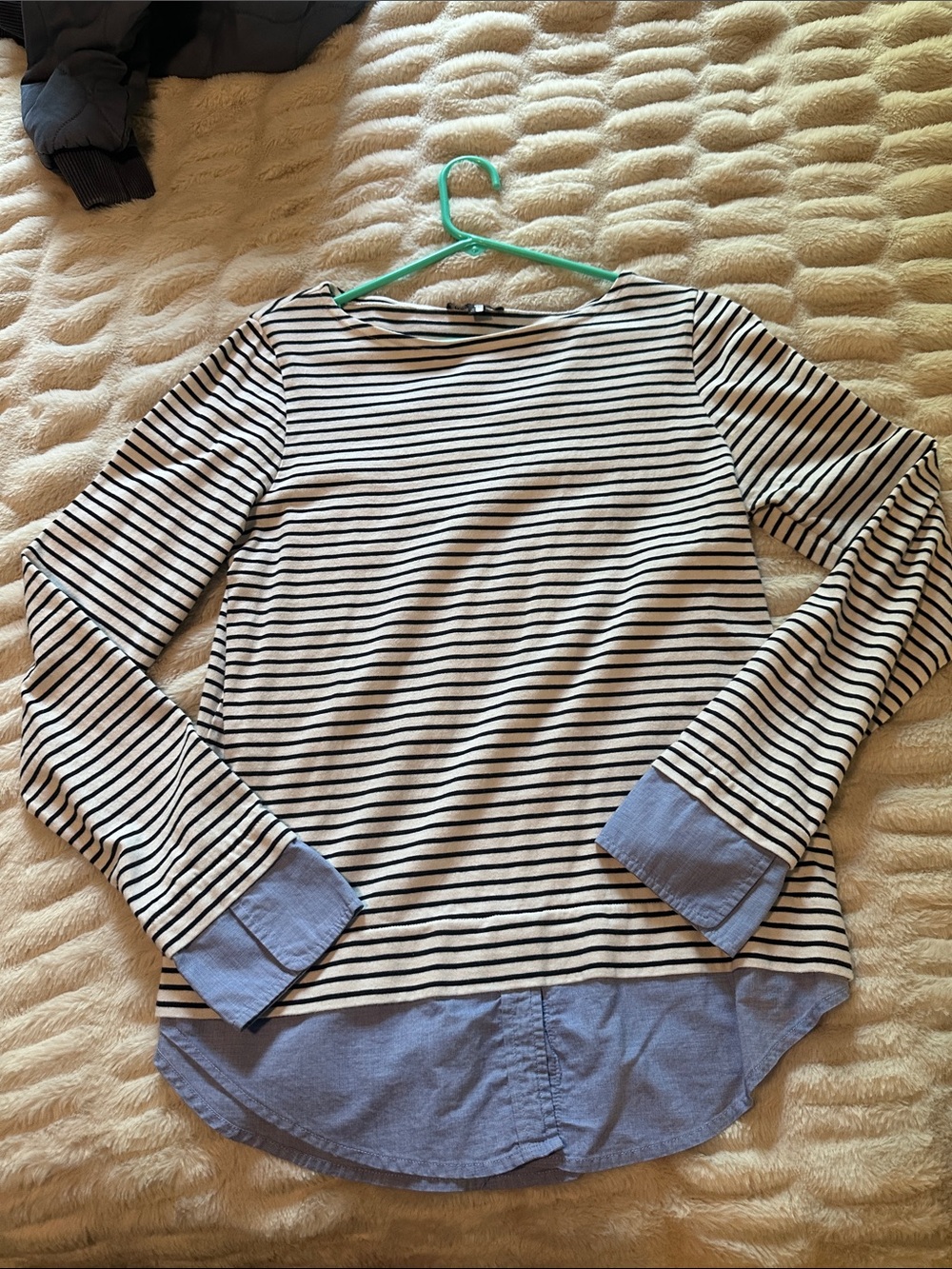 J. Crew Black & White Striped Long-Sleeve Top with Blue Shirt Hem & Cuffs